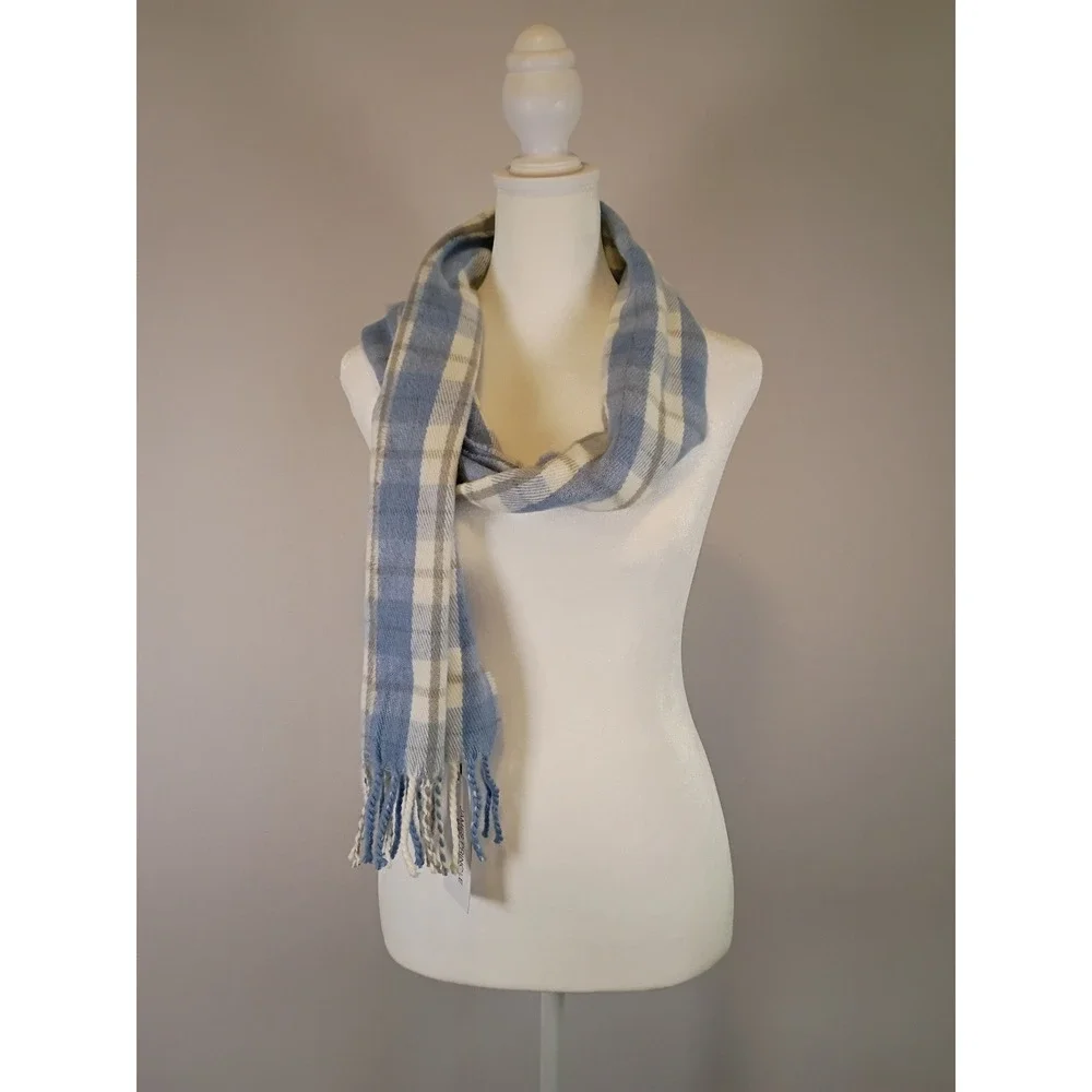Cottagecore James Pringle Weavers Unisex OS Blue Plaid Fringe Scarf 2005408